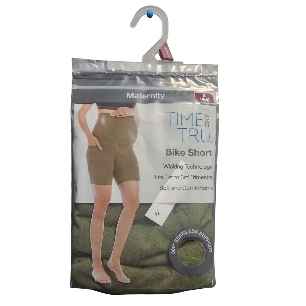 Time and Tru Maternity Bike Shorts Olive Green Seamless Support Size S 4-6‎ NIP